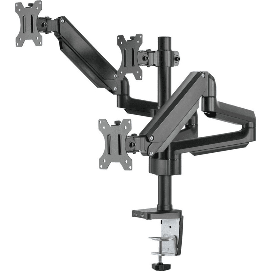 Twisted Minds Premium Triple Monitors Arm , Aluminum Pole Mounted Gas Spring, With USB Ports, 360° Rotary VESA Plate, Black | TM-26-C018UP