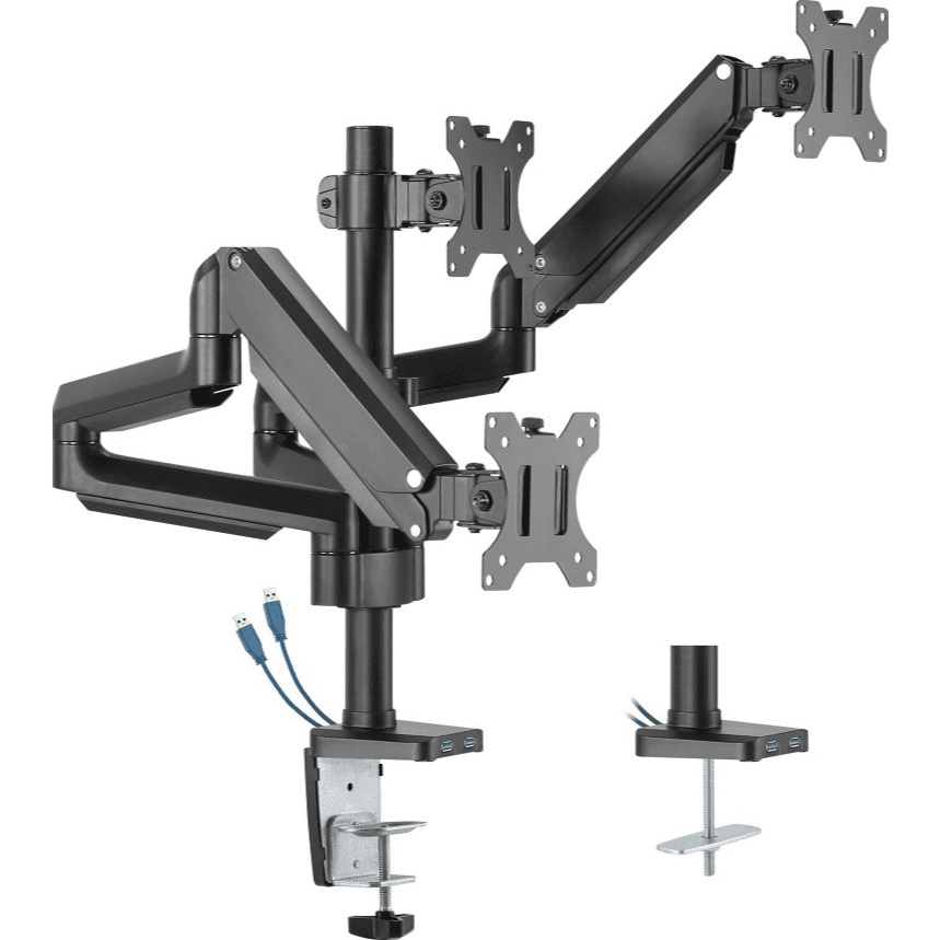 Twisted Minds Premium Triple Monitors Arm , Aluminum Pole Mounted Gas Spring, With USB Ports, 360° Rotary VESA Plate, Black | TM-26-C018UP