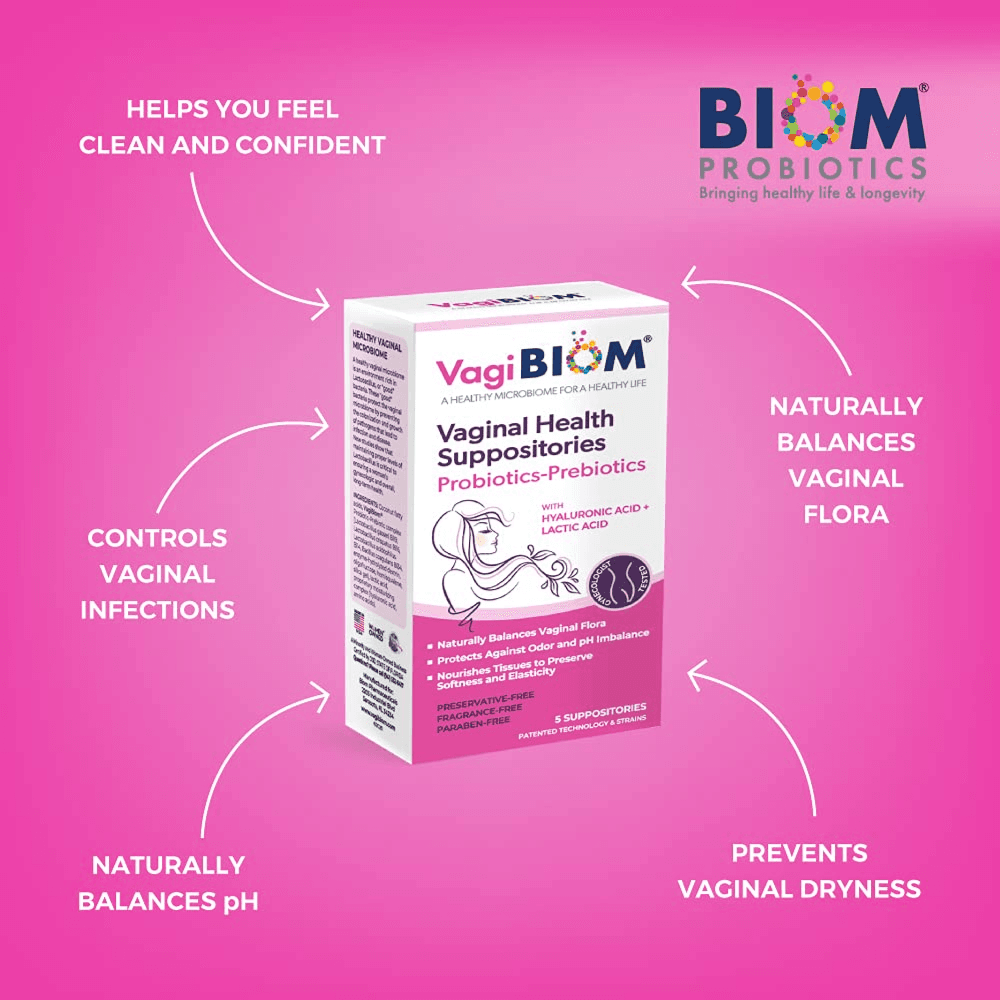 VAGIBIOM تحاميل الصحة المهبلية البروبيوتيك مع حمض الهيالورونيك + حمض اللبنيك