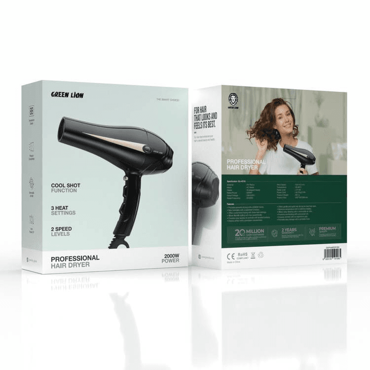 Green Lion Professional Hair Dryer, 2000W Rated Power, 28-69°C Temperature, black