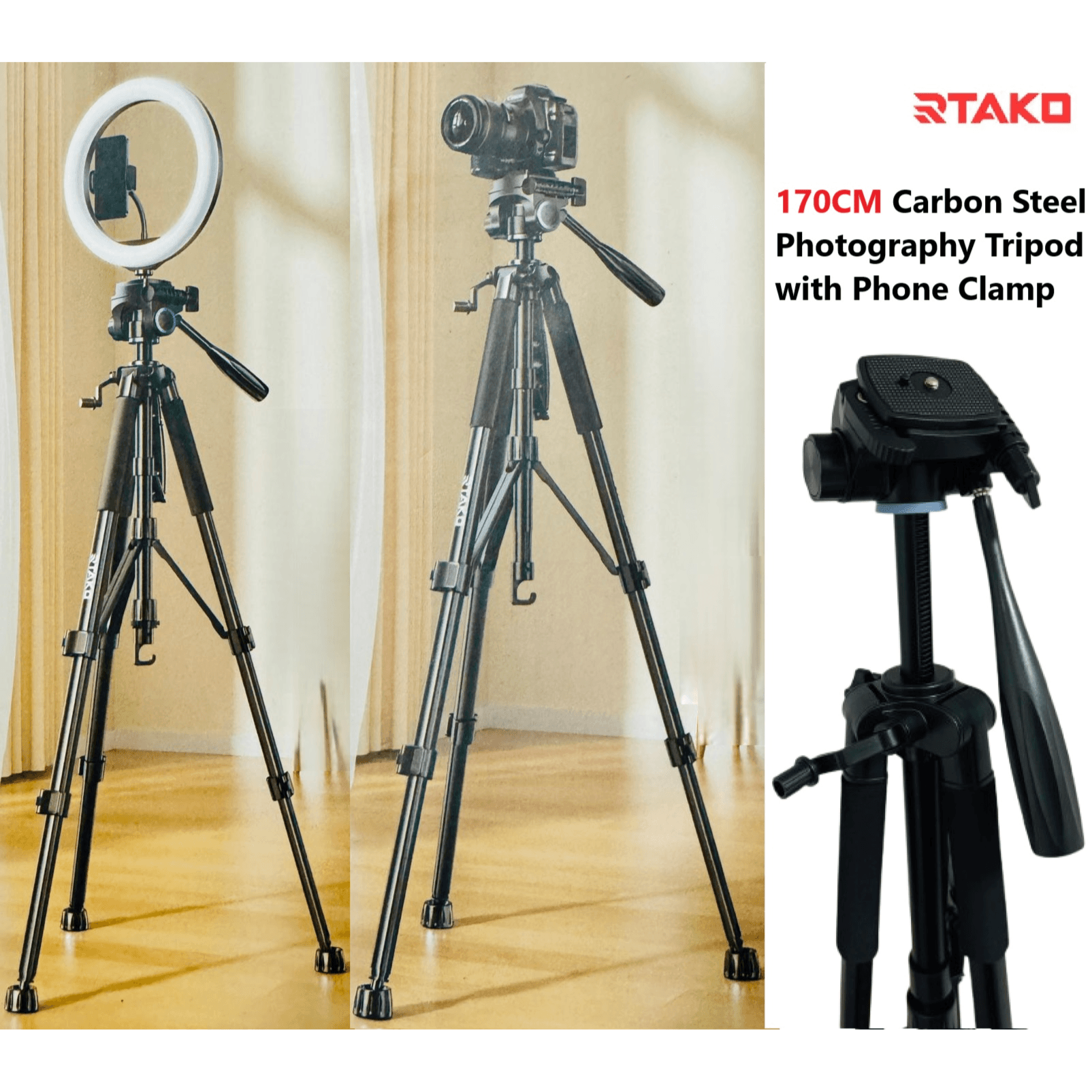 حامل ثلاثي للتصوير من الفولاذ الكربوني مع مشبك للهاتف 170 سم - Rtako VT-860S