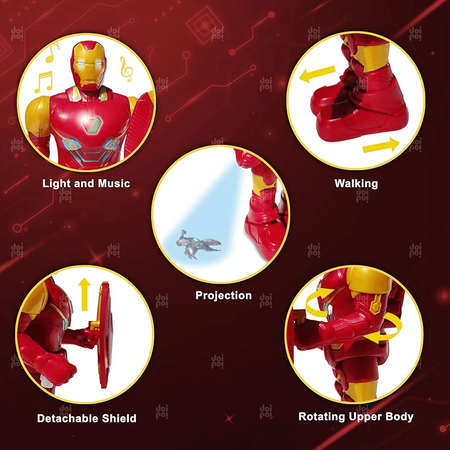 Iron Man Superhero Walking Toy with Shield (9.5 inch) | Music,Photo Projection,Led Lights, Flexible Joints