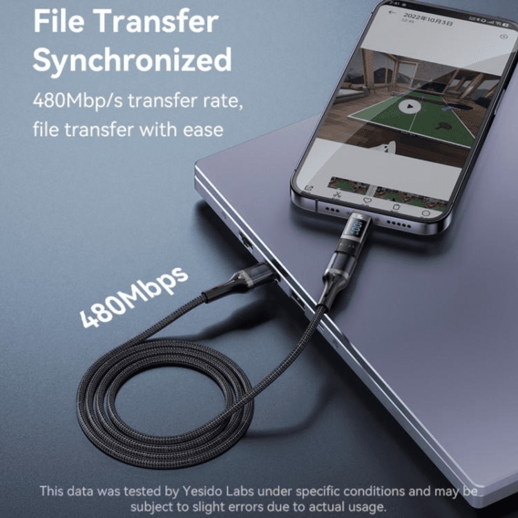 محول Yesido GS24 100W USB-C / Type-C إلى USB-C / Type-C مع شاشة رقمية من سبيكة الألومنيوم