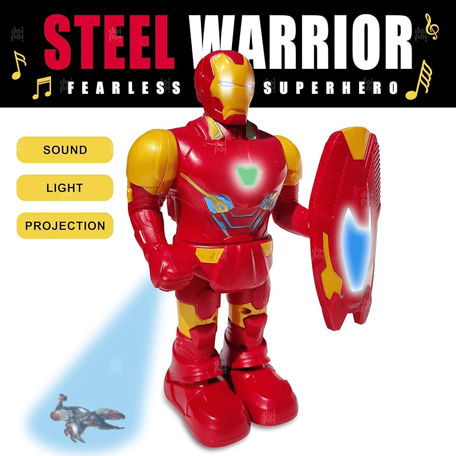 Iron Man Superhero Walking Toy with Shield (9.5 inch) | Music,Photo Projection,Led Lights, Flexible Joints