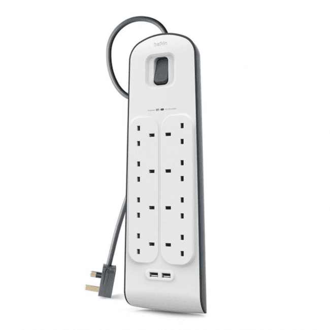 شريط تمديد بيلكن 8 منافذ مع حماية من الارتفاعات الكهربائية 18 واط، منافذ USB-A وUSB-C (سلك 2 متر) - أبيض
