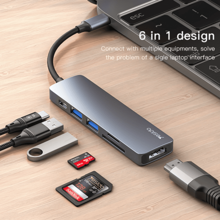 محطة إرساء متعددة الوظائف YESIDO 6 في 1 - USB-C / Type-C - محول HUB - BH11