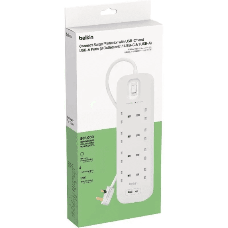 Belkin power Extension 8 Socket with 1 USB-C & 1 USB-A charging Ports 18W 2 mtr - NB 0009