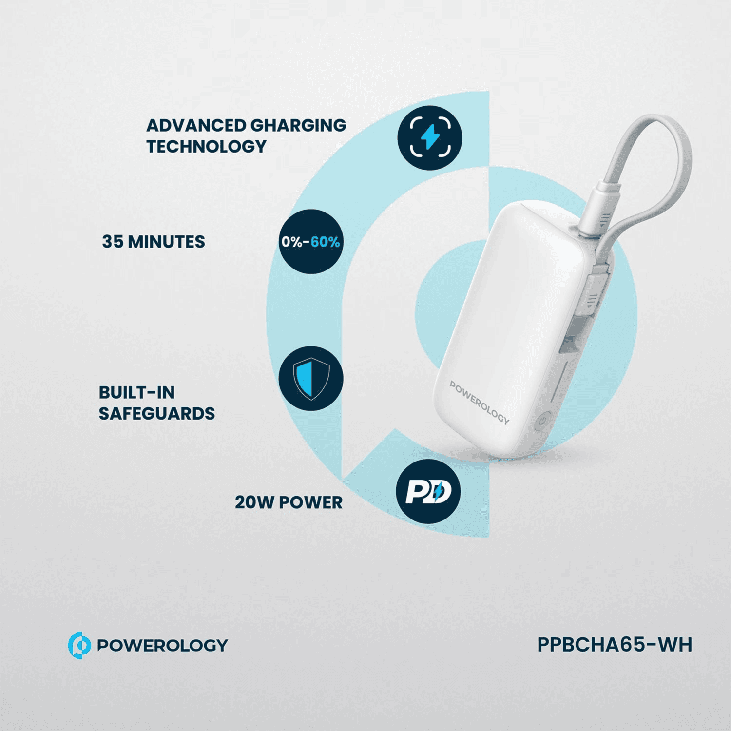 Powerology 5000mAh Power Bank with Removable USB-C Wire, Advanced Charging Technology, 2-Device Charging, Compact & Portable, Built-in Safeguards, 20W Power Delivery- white