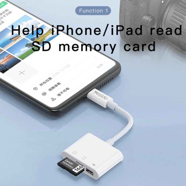 YESIDO GS11 2 in 1 Multi-Function TF Card + SD Card to Lightening Converter Adapter(White)