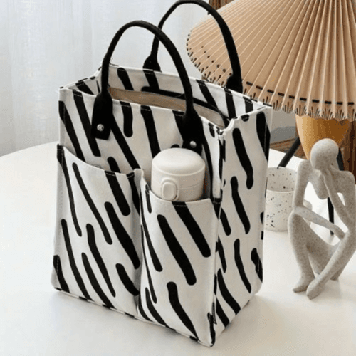 Japanese-Inspired Plaid Tote Bag - White Line, Spacious & Durable