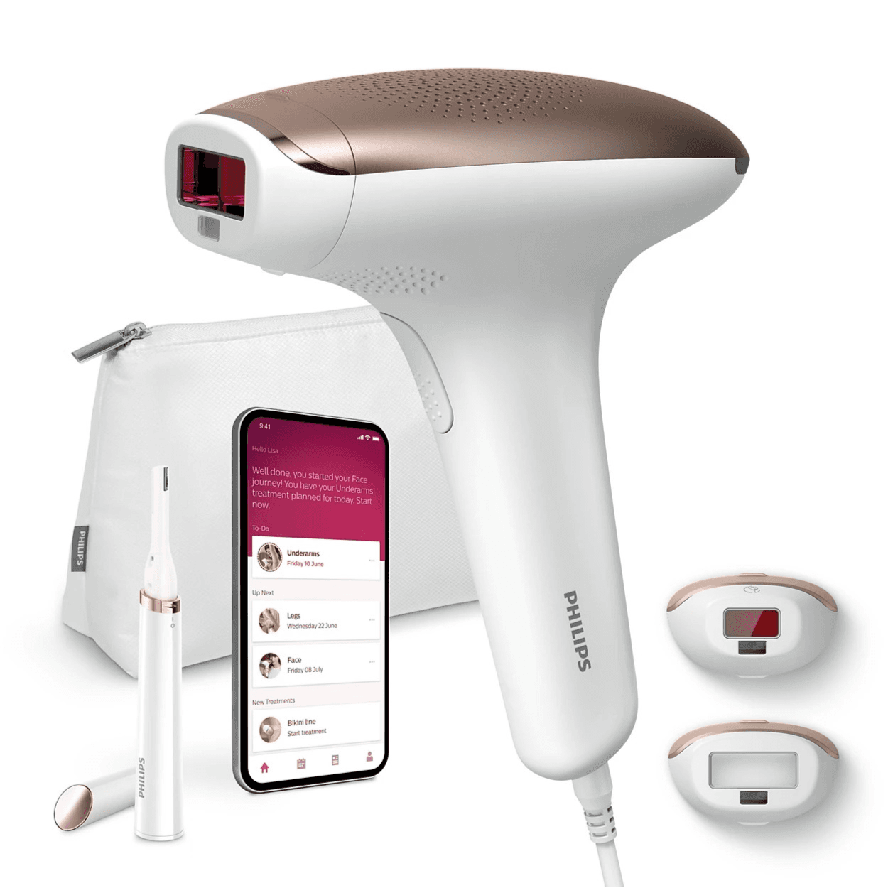 Philips Lumea IPL 7000 Series Hair Removal Device with 2 Attachments, Skin Tone Sensor, Corded Use, and Free App – Includes Satin Compact Pen Trimmer