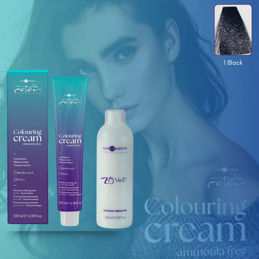 كريم تلوين الشعر Inimitable Color من Hair Company خالي من الأمونيا 1 أسود 100 مل LB13531+مستحلب مؤكسد 20% (6%