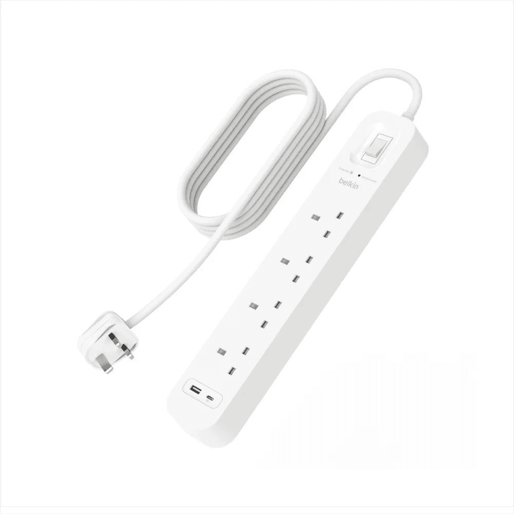 شريط تمديد بيلكن 4 منافذ مع حماية من الارتفاعات الكهربائية 18 واط، منافذ USB-A وUSB-C، سلك 2 متر
