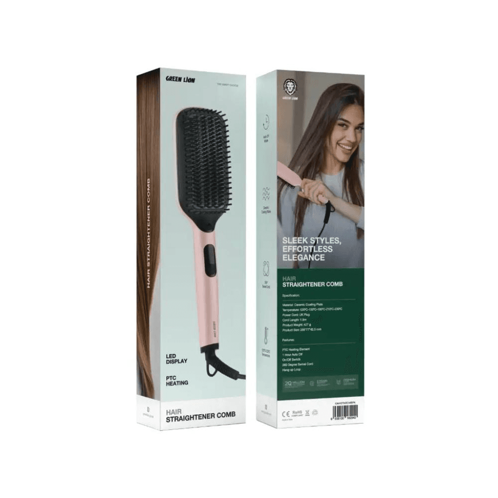 Green Lion Straightener Comb, Ceramic Coating Plate, LED Display, Hang up Loop, 1 Hour Auto Off, PTC Heating Element, 1.8m Cord Length, 120°, 150°, 180°, 210° & 230° C Temperature Control - Pink