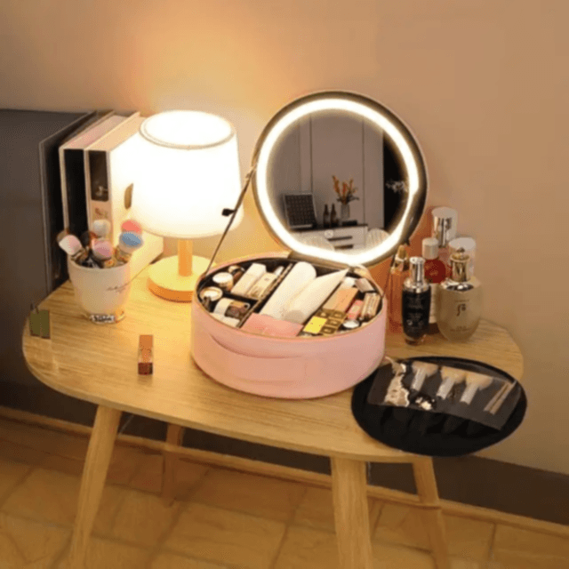 Makeup Organizer Pro with 4K Mirror, Green lion-pink