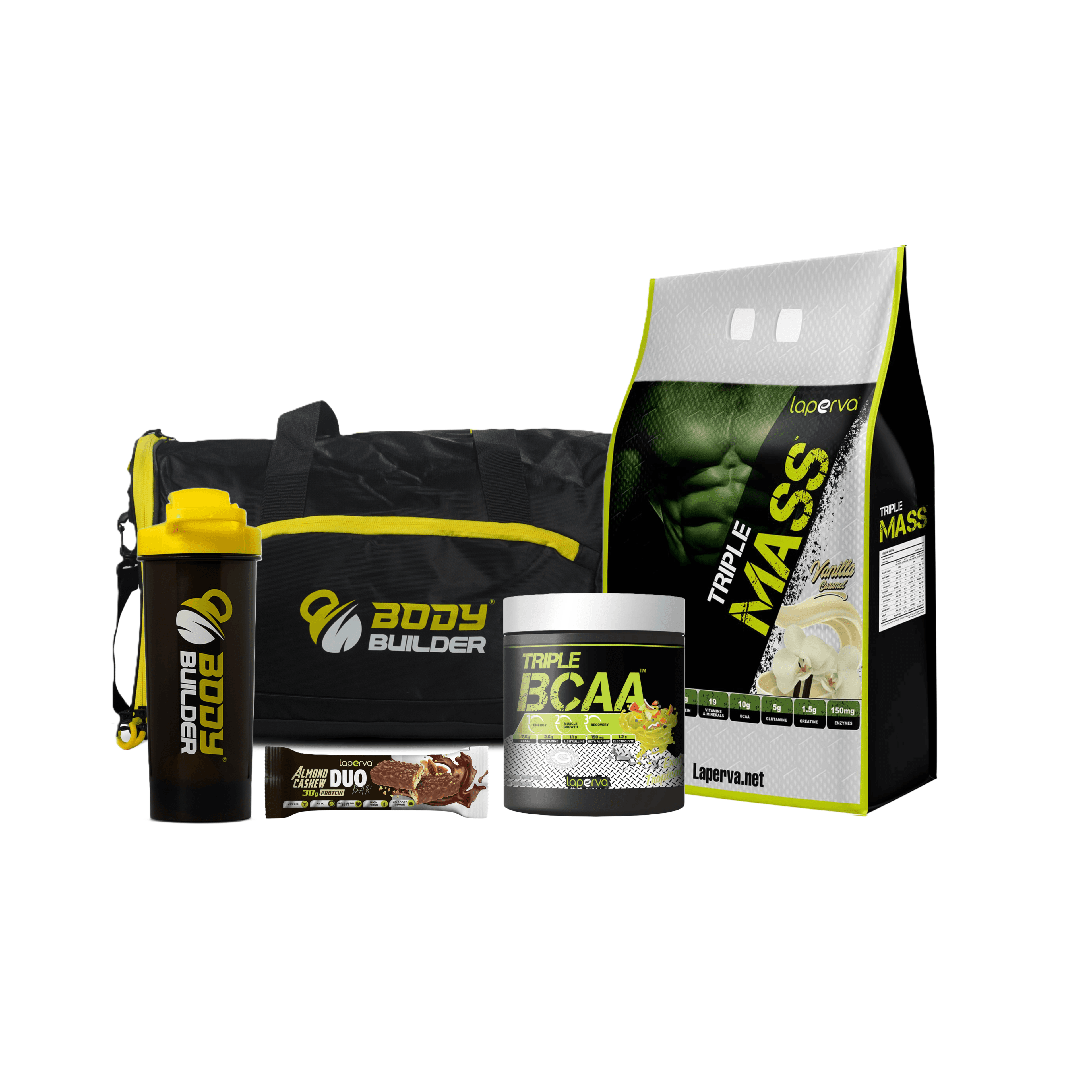 Mass Gainer Combo, Triple Mass + BCAA + Duffel Bag + Protein Bar  Shaker