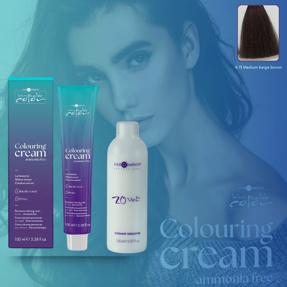 كريم تلوين الشعر Inimitable Color من Hair Company خالي من الأمونيا 4.13 بني متوسط ​​بيج 100 مل LB13548+مستحلب مؤكسد 20% (6%