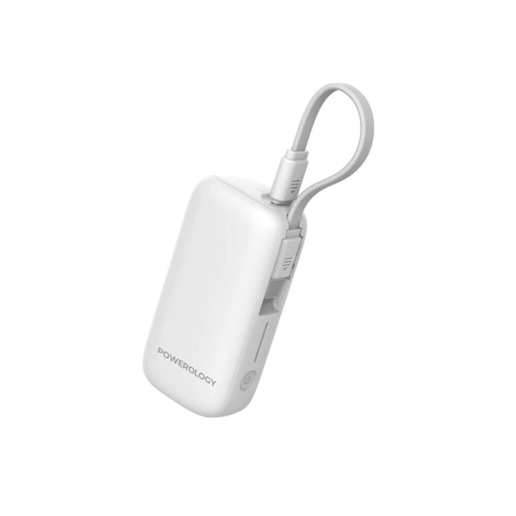 Powerology 5000mAh Power Bank with Removable USB-C Wire, Advanced Charging Technology, 2-Device Charging, Compact & Portable, Built-in Safeguards, 20W Power Delivery- white