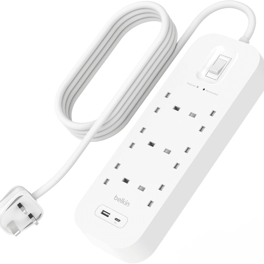 شريط تمديد بيلكن 6 منافذ مع حماية من الارتفاعات الكهربائية 18 واط، منافذ USB-A وUSB-C، سلك 2 متر