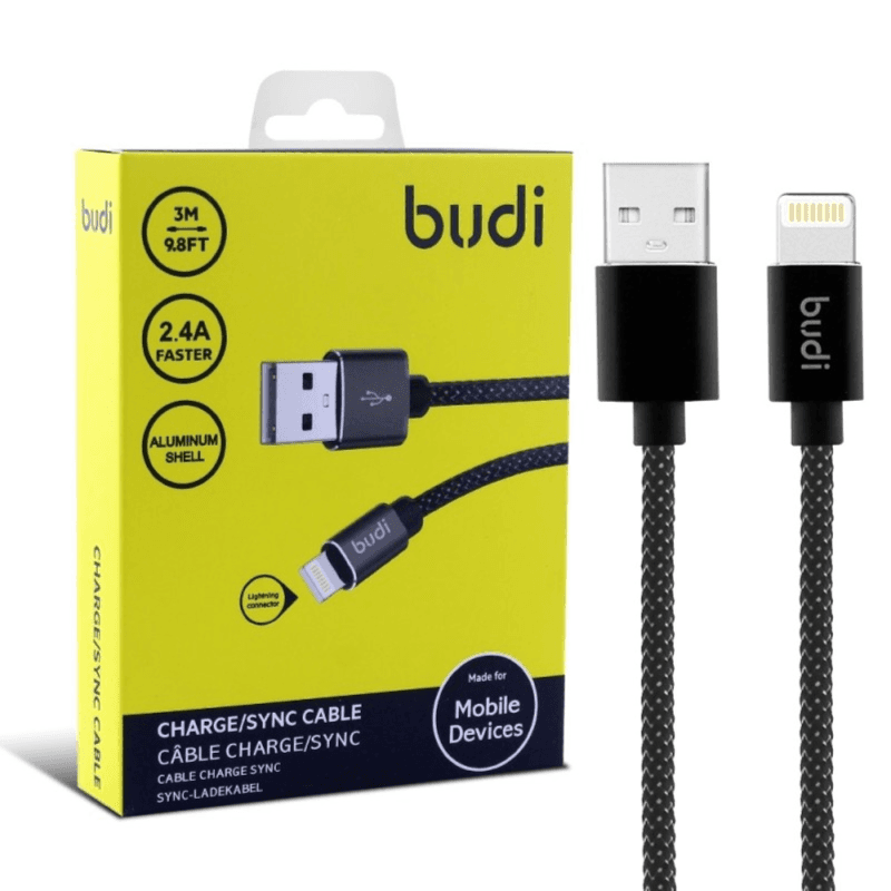 Budi USB A To Lightning Charge And  Data Cable 3 mtr - Black