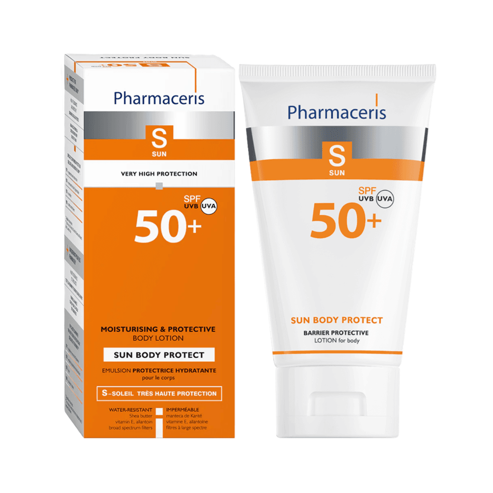 لوشن مرطب وواقي للجسم من فارماسيريس إس صن بودي بروتكت بعامل حماية من أشعة الشمس SPF50+ 150 مل