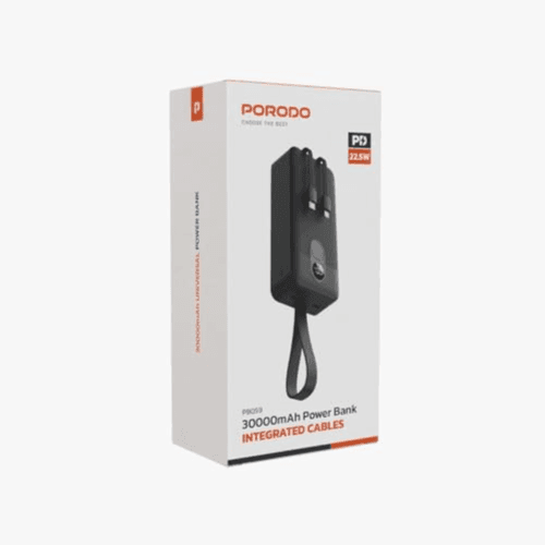 Porodo 30000mAh Universal Powerbank 2xType-C, USB A and Type C and Digital Display with C & Lightning Cable 0-60 35Mins Simultaneous Charging 22.5W Integrated Cable Travel Friendly - Black