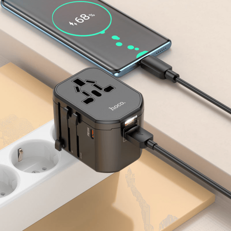 شاحن تحويل عالمي من HOCO مع مقبس واحد، منفذ Type-C واحد، منفذي USB-A مزدوجين، مقابس قابلة للتبديل EU / US / UK / AU - طراز AC15 Walker