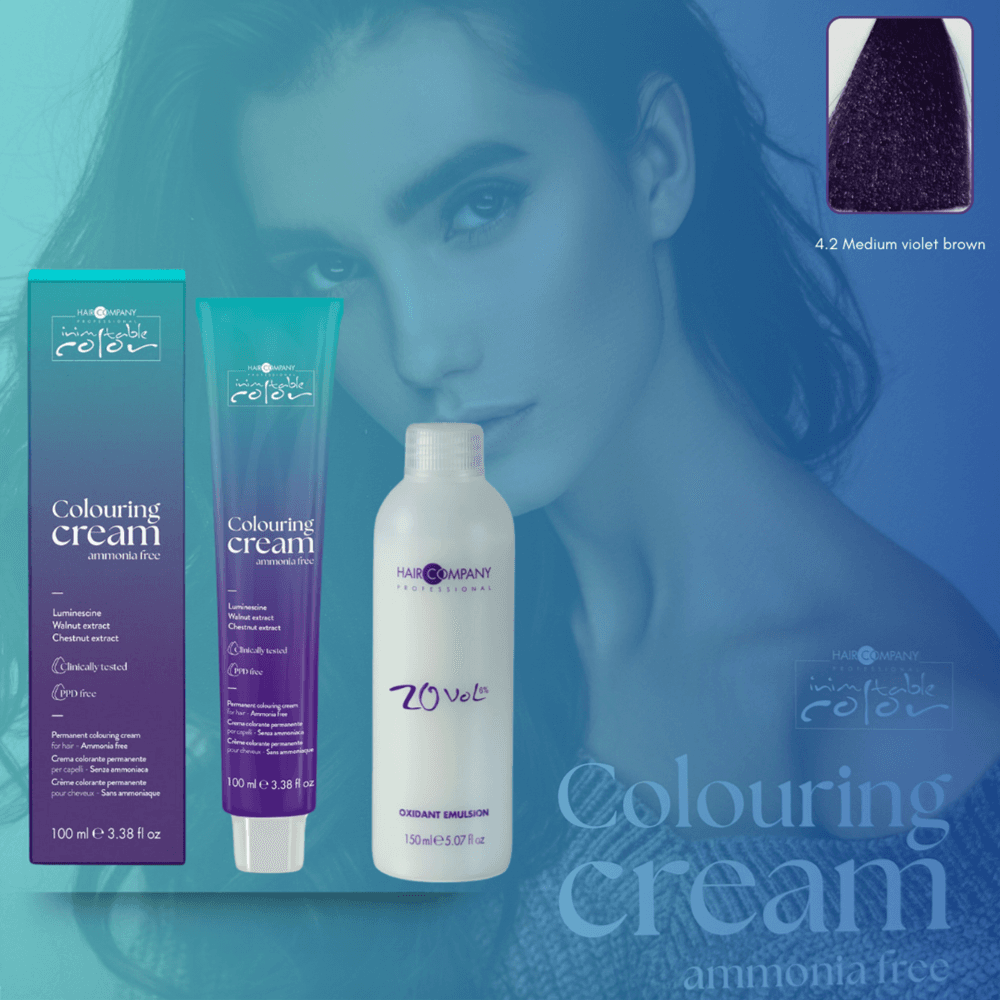 كريم تلوين الشعر Inimitable Color من Hair Company خالي من الأمونيا 4.2 بني بنفسجي متوسط ​​100 مل LB13554+مستحلب مؤكسد 20% (6%
