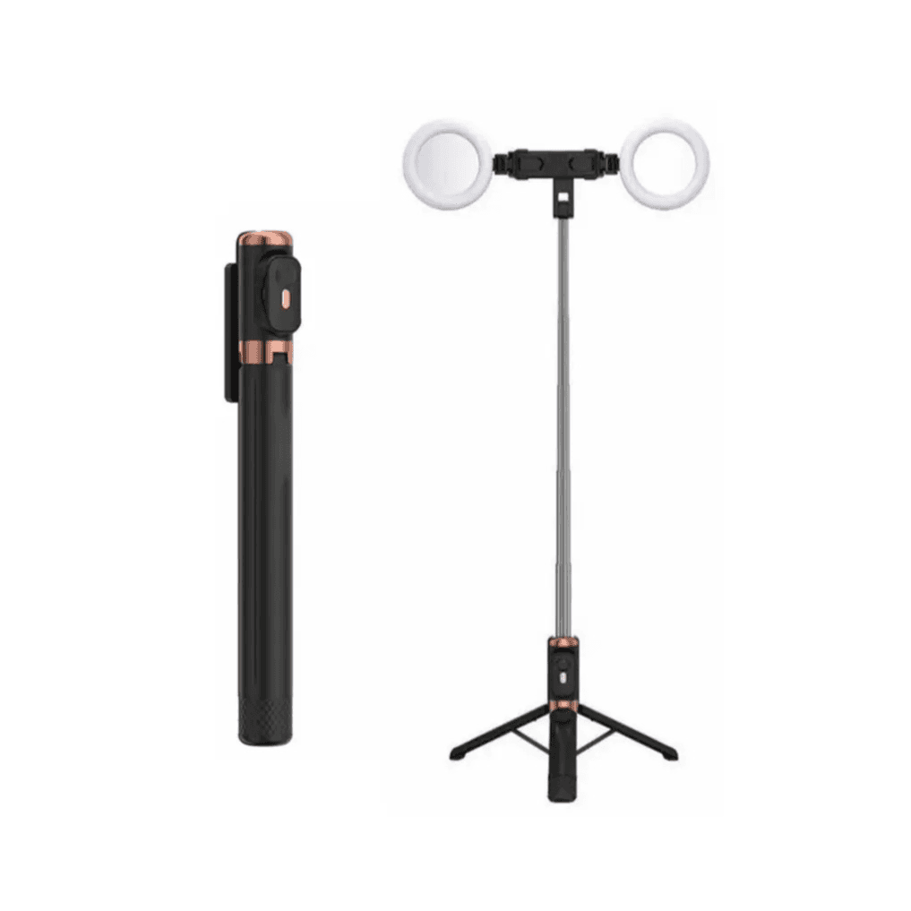 Wireless Bluetooth Selfie Stick with Dual Ring Light & Remote - JC-18H (Black)