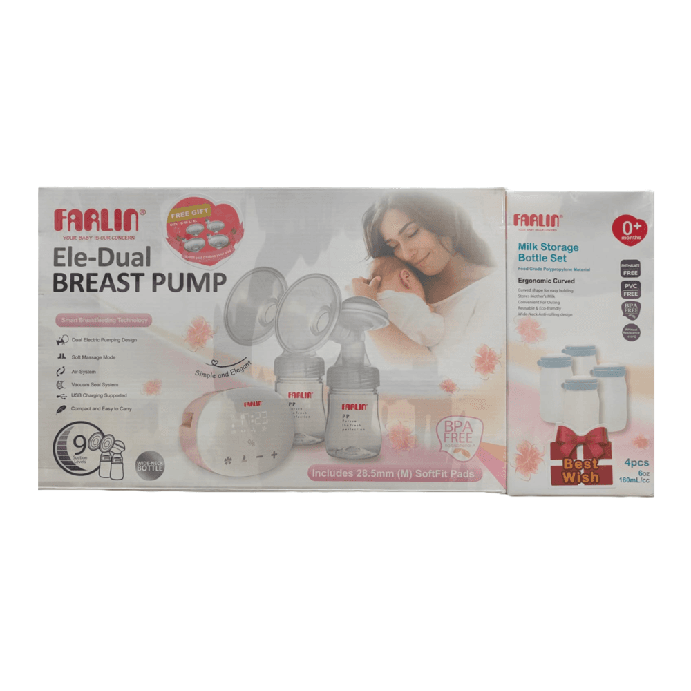مضخة ثدي فارلين الكهربائية Ele-Dual AA-12018 + مجموعة زجاجات تخزين الحليب