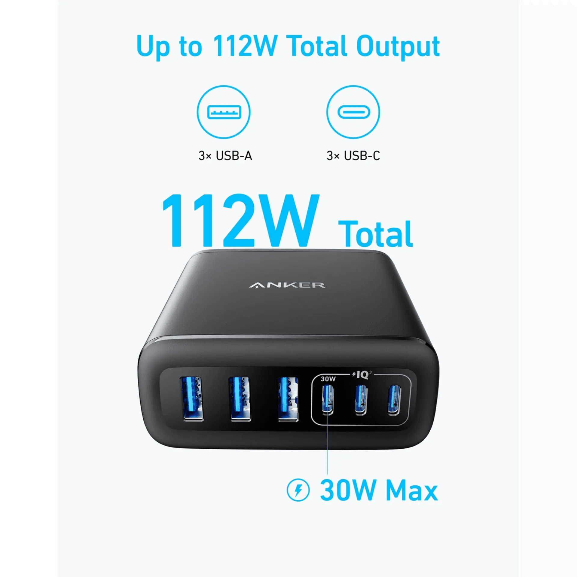 Anker 6 Ports Multi-Device GAN Fast Charger-112W (3usb-A 3usb-C)
