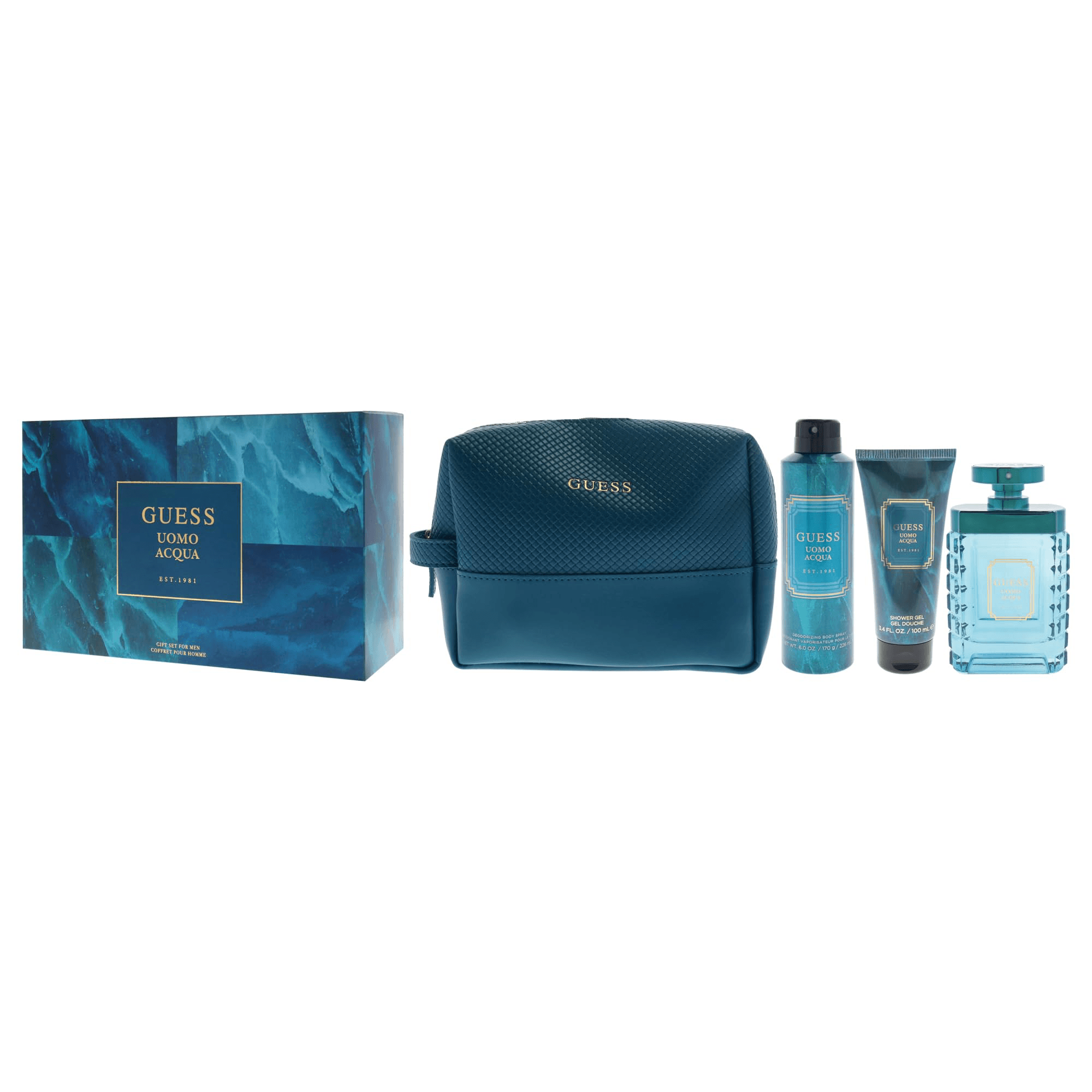 Guess Uomo Acqua by Guess for Men - 4 Pc Gift Set 3.4oz EDT Spray, 6oz Deodorizing Body Spray, 3.4oz Shower Gel, Pouch