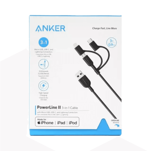 Anker PowerLine II 3-in-1 Cable. With Micro USB, Lightning, USB-C Connectors - A8436H12