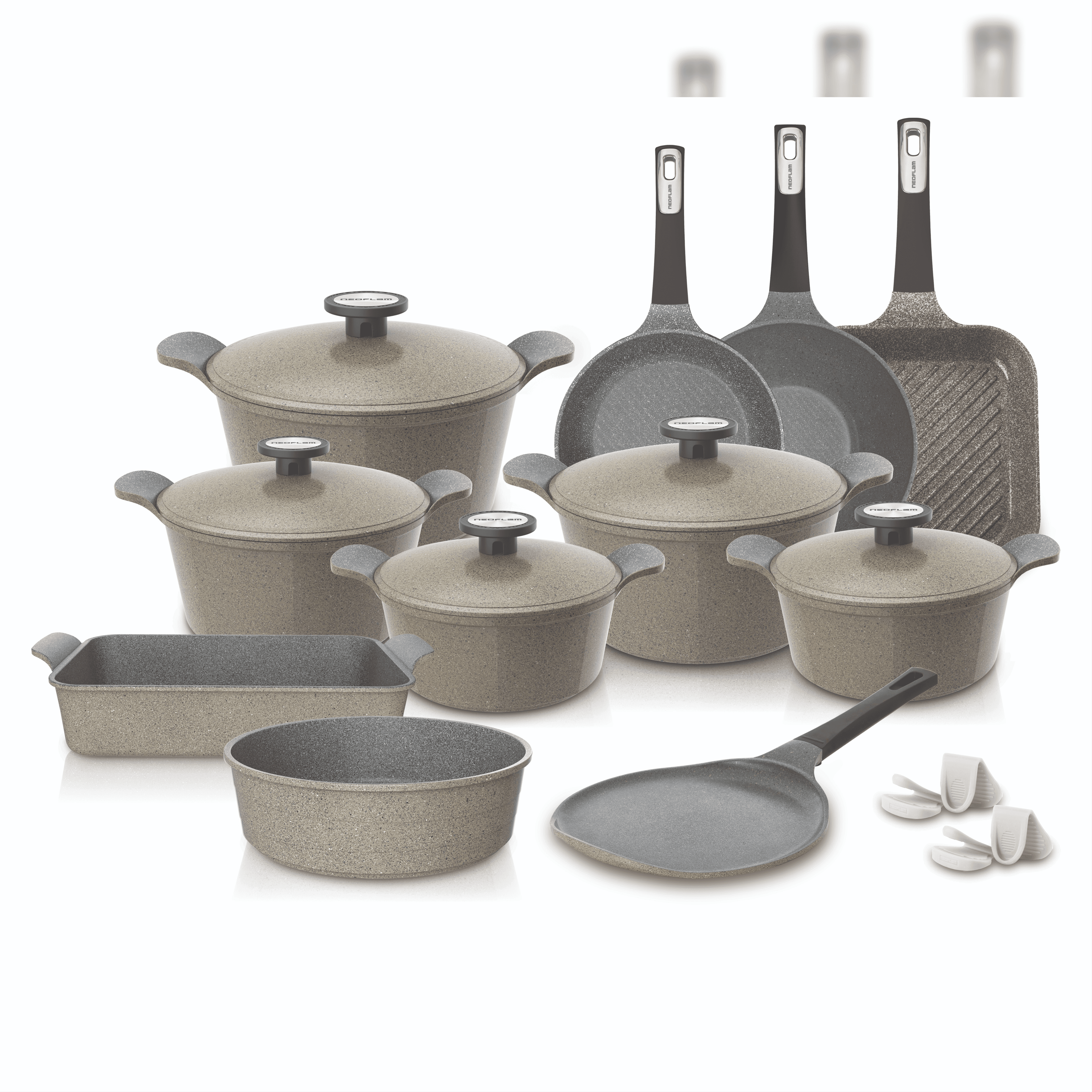 Neoflam 20 Pcs Die-cast Pote 2024 New Set (Casseroles 20+22+24+26+28 Cm) + Grill Pan 28 Cm + Frypan 24 Cm + Wok Pan 26 Cm + Crepe Pan 26 Cm + Midas Low Casserole 26 Cm + Die-cast Ovenware Medium + Silicone Grips 2 Pcs Warm Beige Marble Color