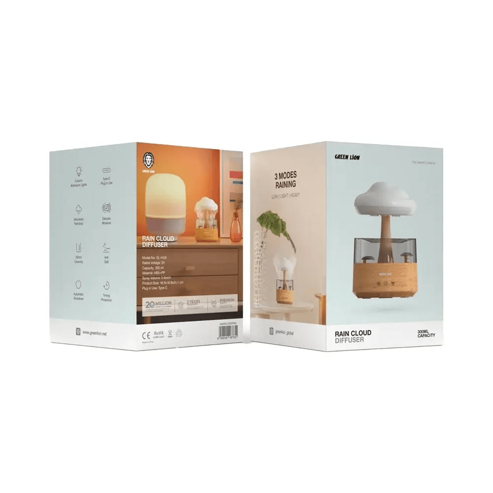 Green Lion Rain Cloud Diffuser 300 ML Capacity(3 Modes Raining) Colorful Ambiance Light and USB-c Charging