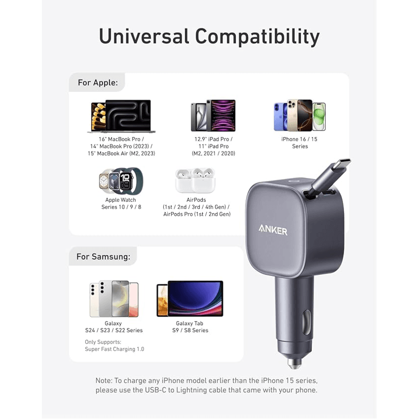 Anker 2 in 1 Clutter-Free 75W USB-C Port And USB-C Cable Car Charger - A2738HAI