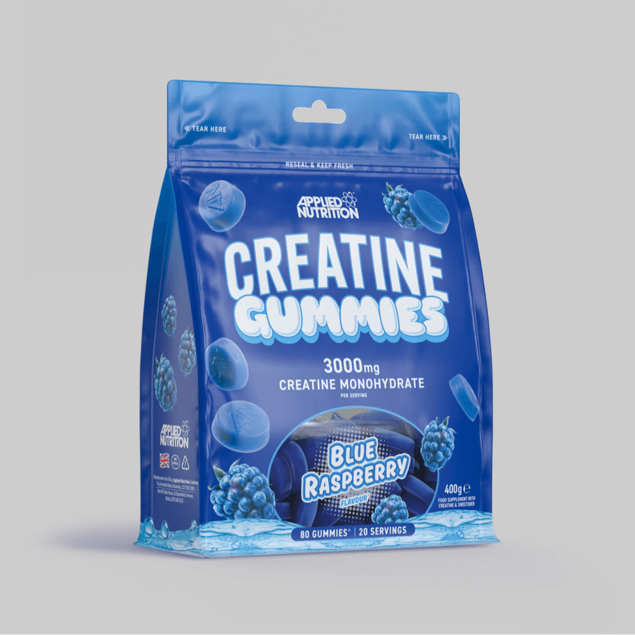 APPLIED NUTRITION, CREATINE, MONOHYDRATE, GUMMIES, 3000MG, 80 GUMMIES, 20 SERVING, BLUE RASPBERRY