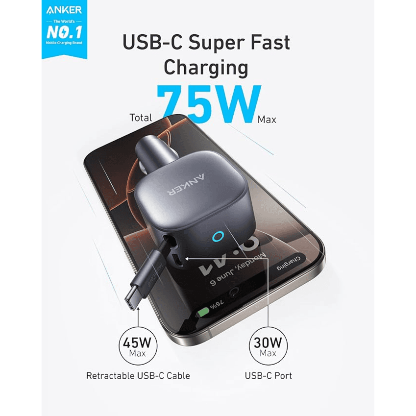 Anker 2 in 1 Clutter-Free 75W USB-C Port And USB-C Cable Car Charger - A2738HAI