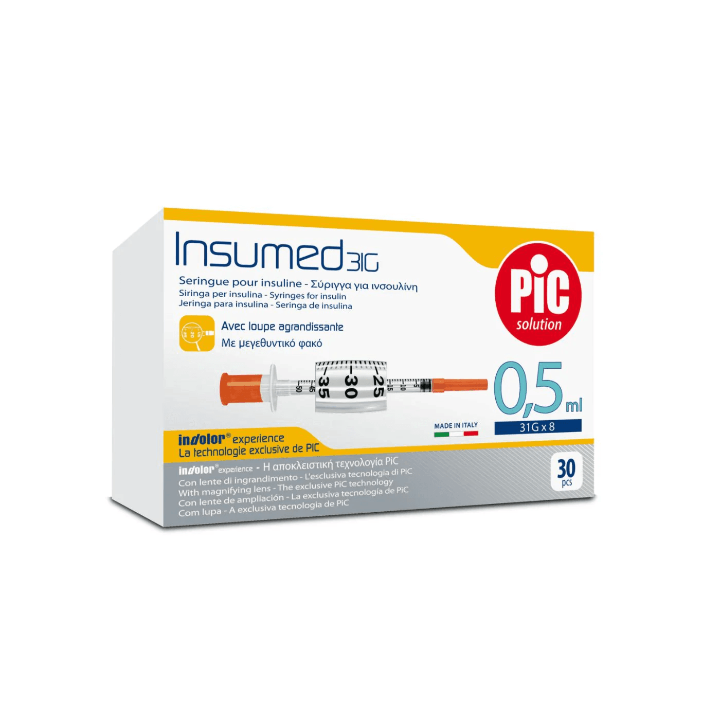 Pic Insumed 30g Syringe For Insulin With Magnifying Lens 0.5ml 30pcs