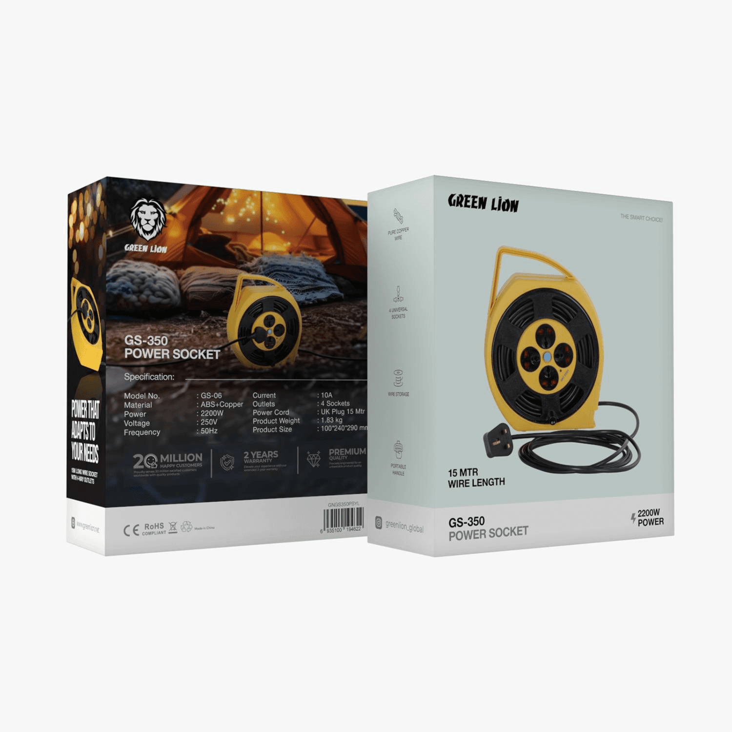 Green Lion Gs-350 Power Socket With Wire Storage, Portable Handle, Pure Copper Wire, 2200w Power Delivery, 4 Universal Sockets, 15m Wire Length - Yellow