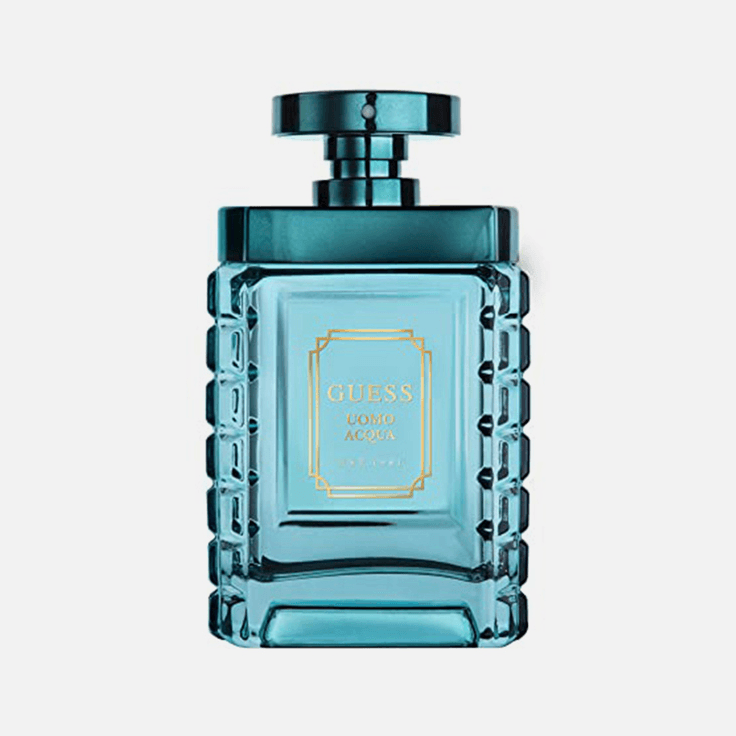 Guess Uomo Acqua by Guess for Men - 4 Pc Gift Set 3.4oz EDT Spray, 6oz Deodorizing Body Spray, 3.4oz Shower Gel, Pouch