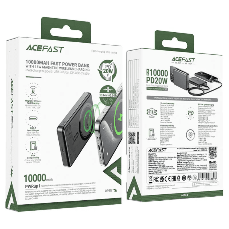 Acefast Magnetic Fast Wireless Charge Ultra Thin Power Bank 10000mAh PD 20W - M12