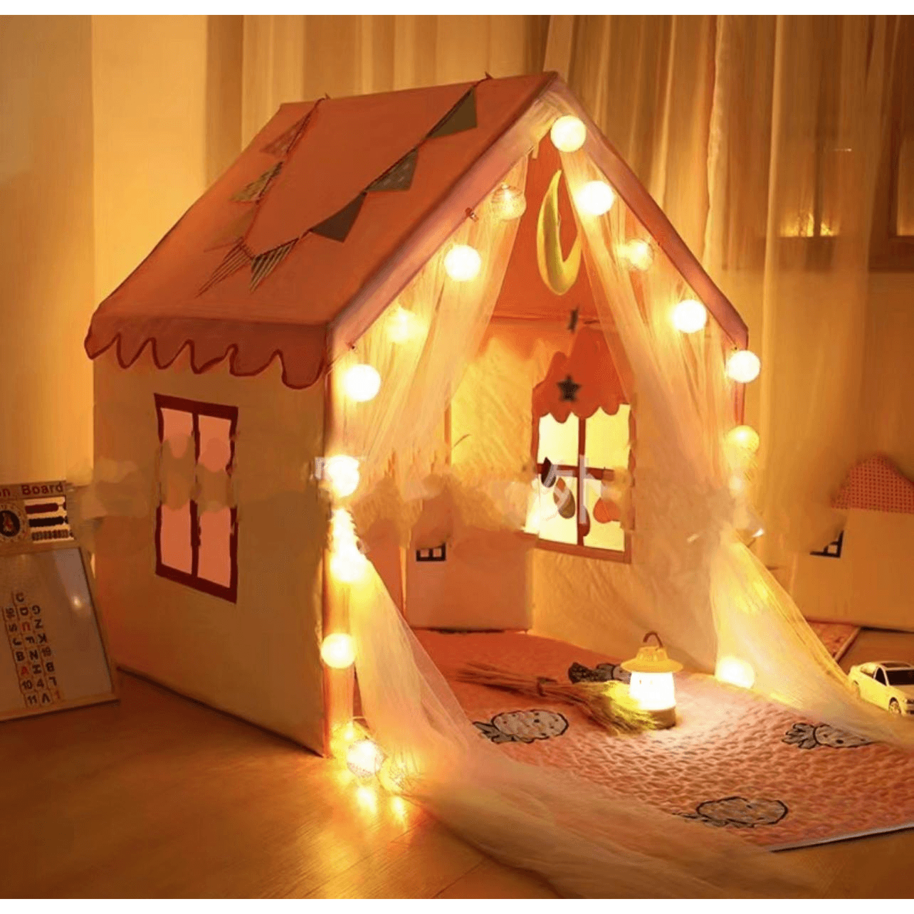 Luxurious Pink Tent With Globe Light and Mat
