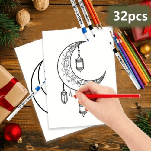 32pcs Eid Colouring Cards - Moon, Stars & More