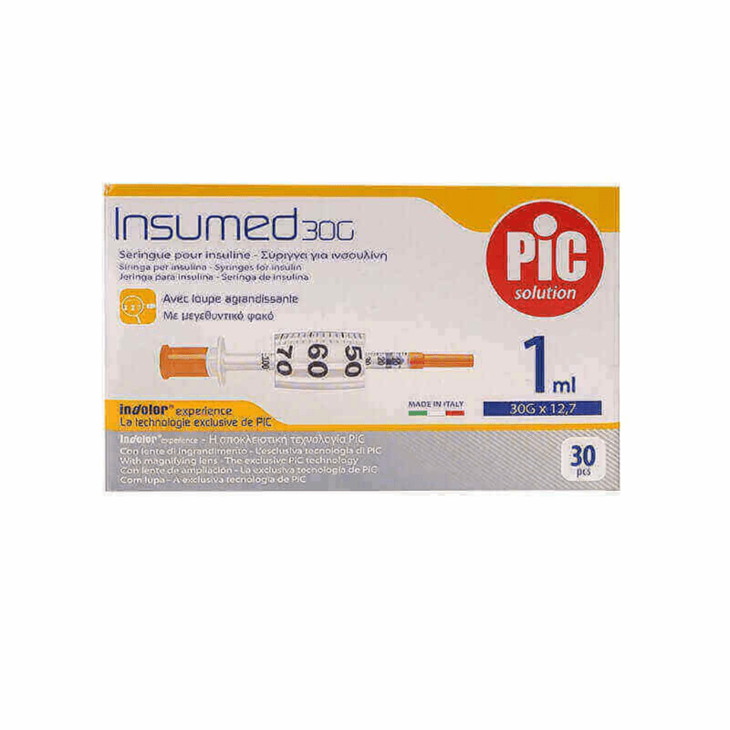 Pic Insumed 30g Syringe For Insulin With Magnifying Lens 1ml 30pcs
