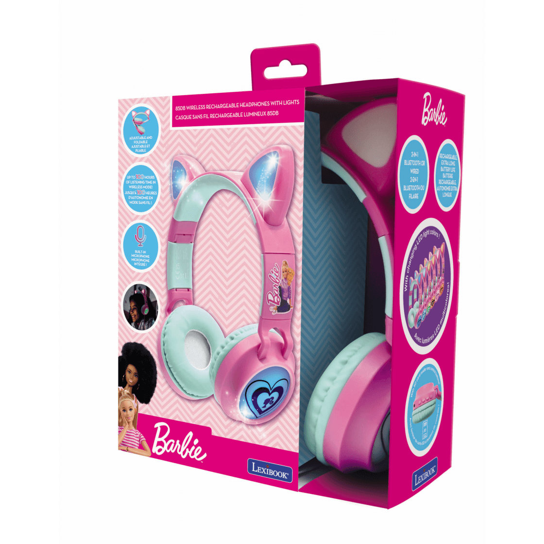 LEXIBOOK - Barbie 2-in-1 Rechargeable Headphones with LED Lights