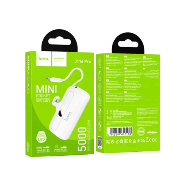 Mini Pocket Power Bank 5000 mAh with Digital Display. Lightning + USB C Cable - Hoco J116 PRO