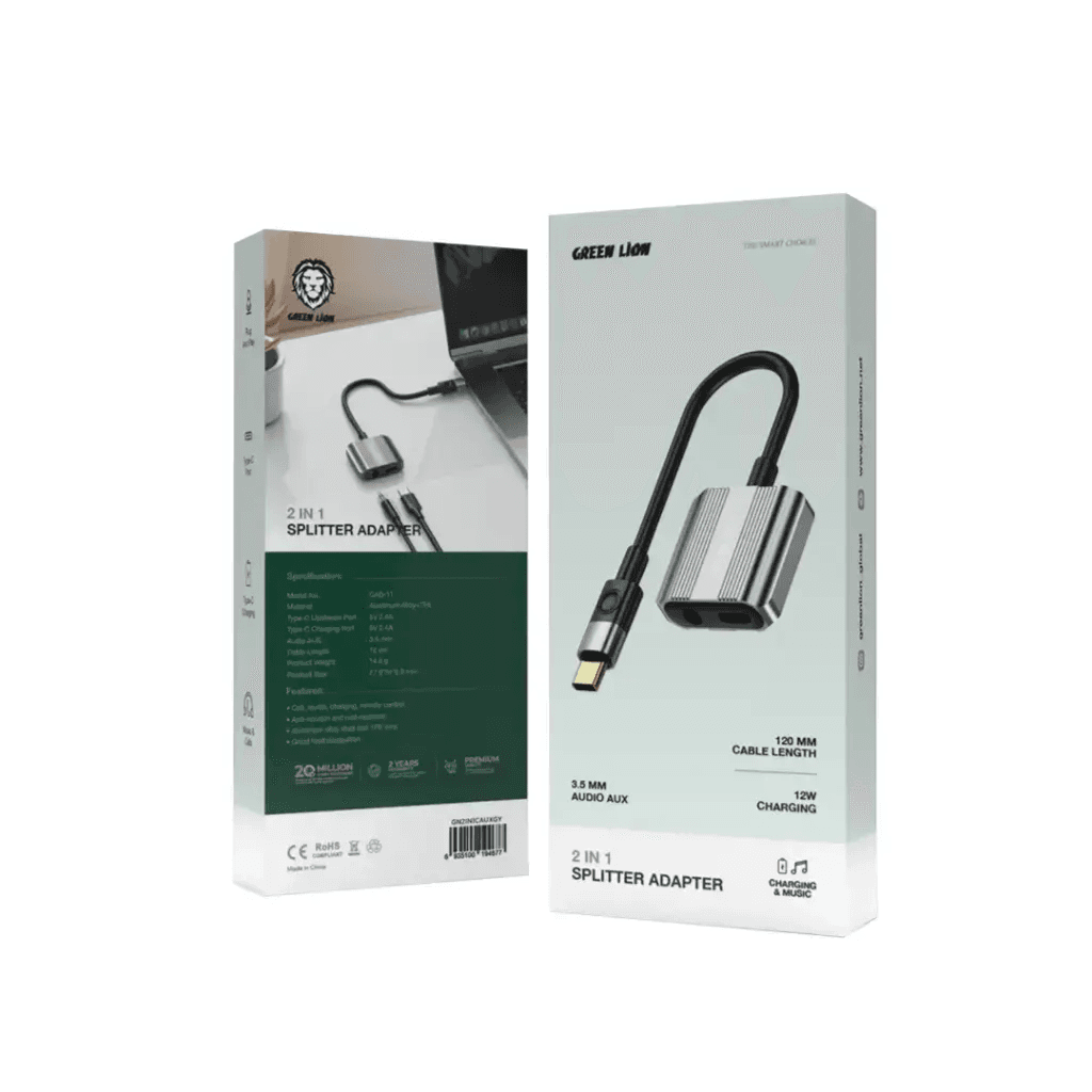 Green Lion 2 In 1 Splitter Adapter Type-C to AUX 3.5mm & Type-C (Charging and Music)