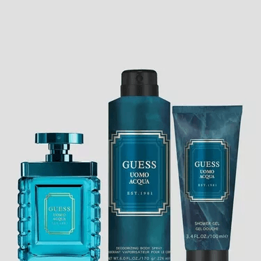 Guess Uomo Acqua by Guess for Men - 4 Pc Gift Set 3.4oz EDT Spray, 6oz Deodorizing Body Spray, 3.4oz Shower Gel, Pouch