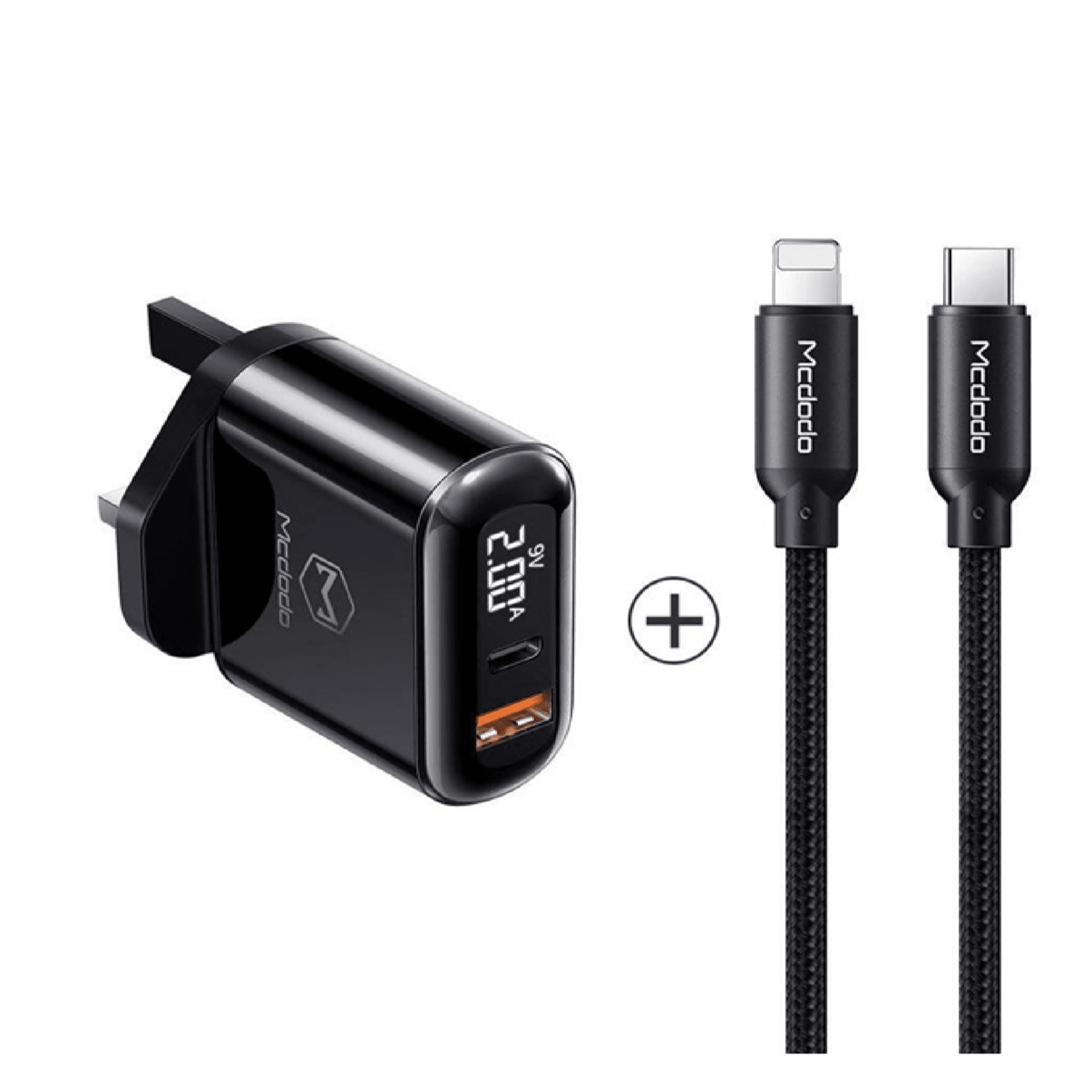 Mcdodo 20W PD+QC Charger with PD Fast Charging Cable, OLED Current Display, PD+QC Travel Charger, Lighting to Type-C Cable, 1M Cable Length